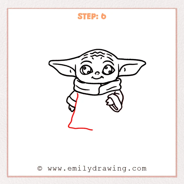 how to draw a baby yoda - Step 6: The robe body begins forming with a wide shape and a soft wavy hem.